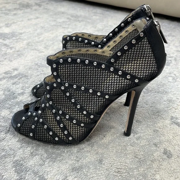 SOLD Jimmy Choo Karina Black Fishnet Studded Calf Leather Cage Heels with Box 37 - Picture 3 of 16